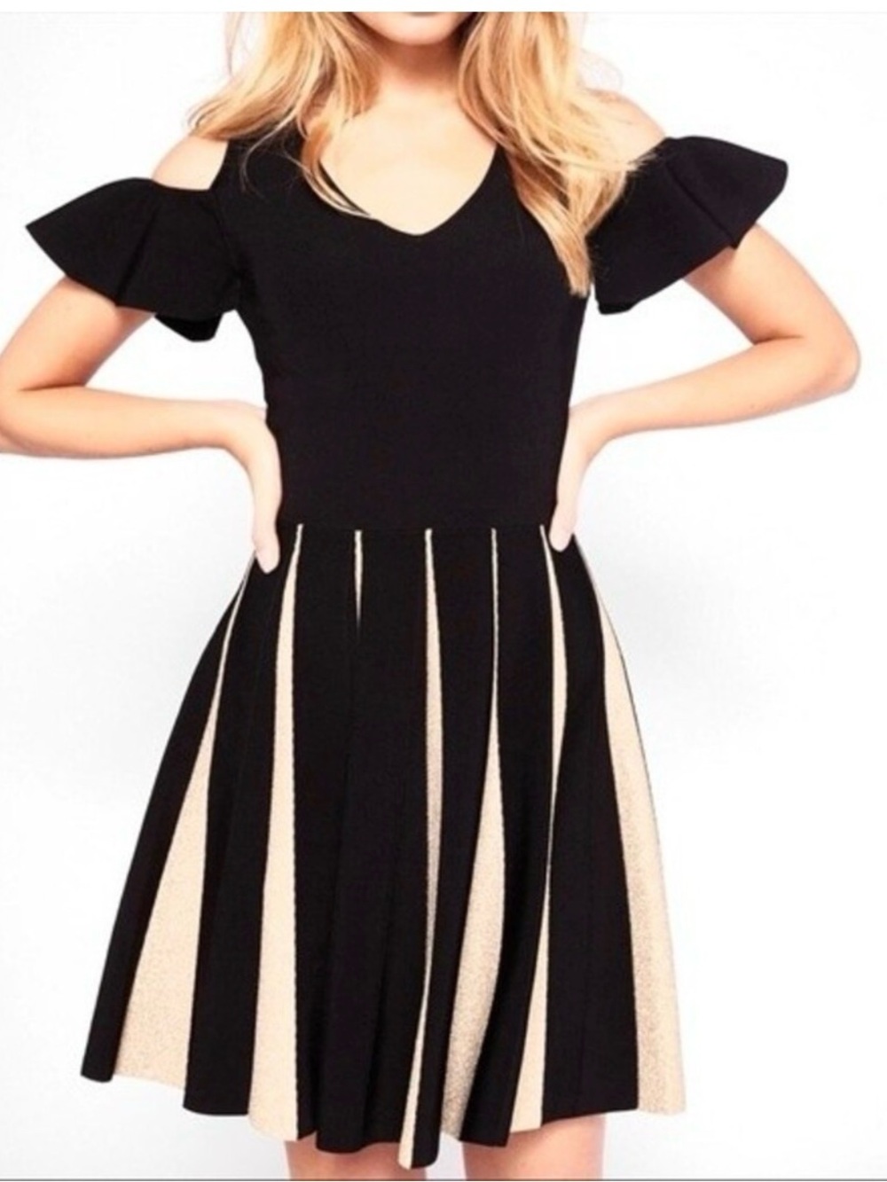 Ted Baker Black Dress with Gold Stripe Panels NWT